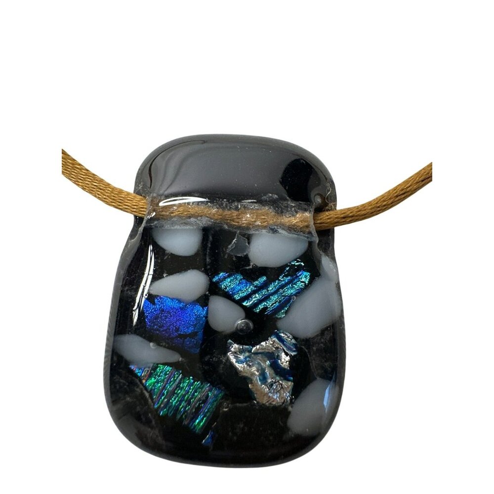 Handmade Dichroic Glass Pendant Necklace With Unique Iridescent Inlays On Cord